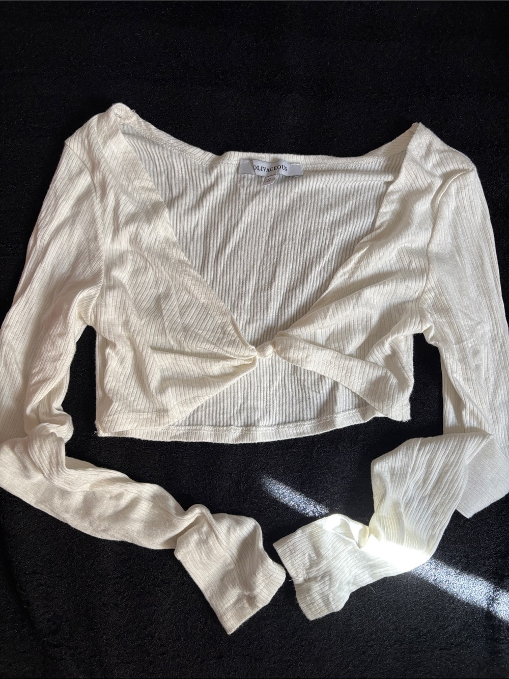 OOTDFash Ivory Ribbed Twist-Front Long Sleeve Crop Top